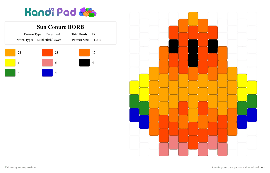 Sun Conure BORB - Pony Bead Pattern by momijimatcha on Kandi Pad - orange,red,bird,parrot