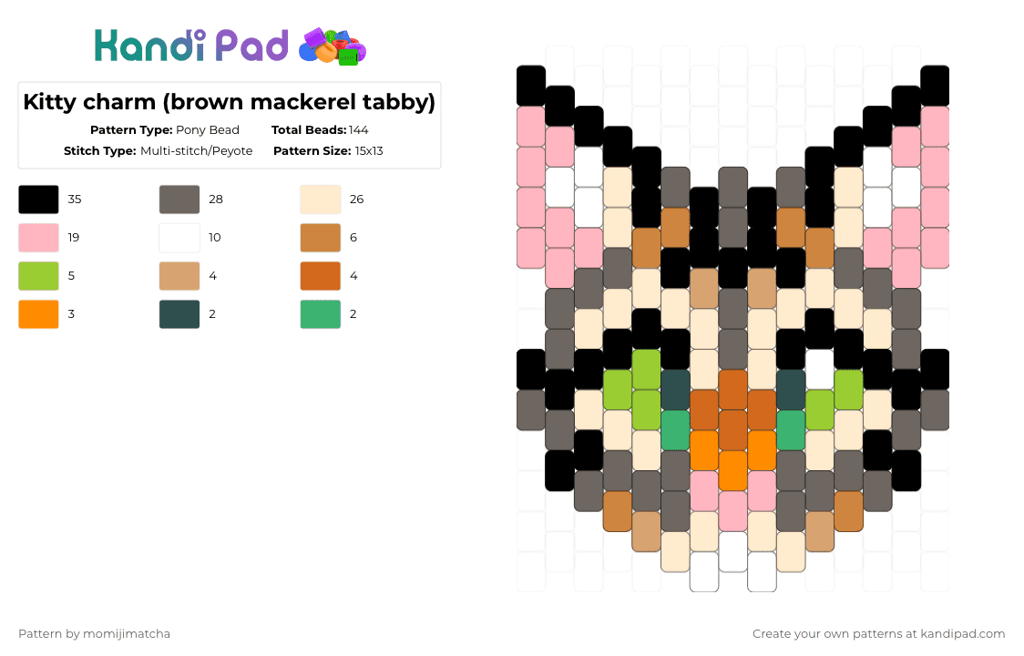 Kitty charm (brown mackerel tabby) - Pony Bead Pattern by momijimatcha on Kandi Pad - beige,gray,pink,animal,cat