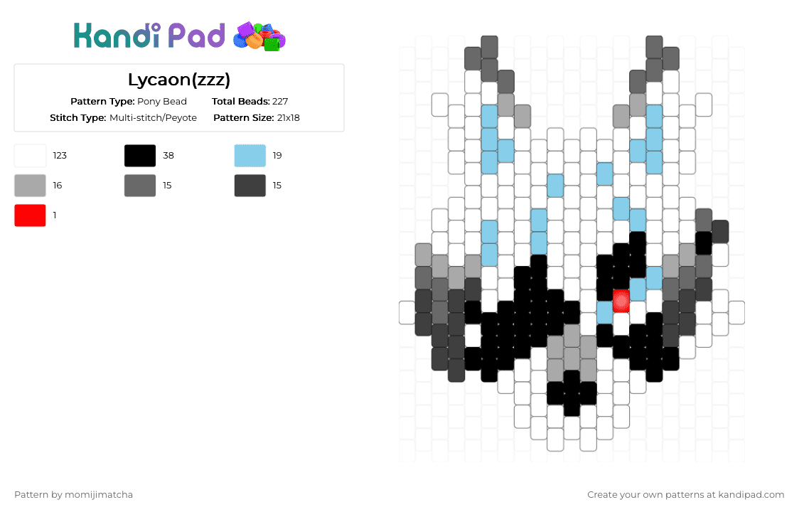 Lycaon (zzz) - Pony Bead Pattern by momijimatcha on Kandi Pad - white,gray,beige,light blue,animal,dog,wolf,furry,anime,video game