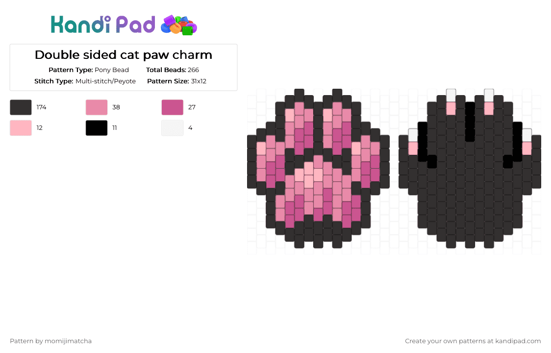 Double sided cat paw charm - Pony Bead Pattern by momijimatcha on Kandi Pad - black,pink,animal
