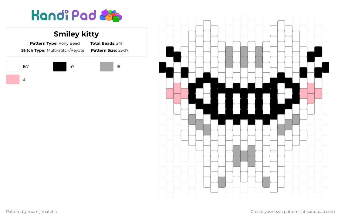 Smiley kitty (OC credit basiilleaf.png on IG) - Pony Bead Pattern by momijimatcha on Kandi Pad - white,beige,pink,animal,cat