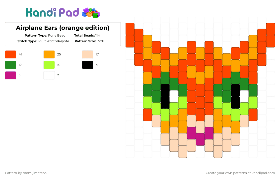 Airplane Ears (orange edition) - Pony Bead Pattern by momijimatcha on Kandi Pad - orange,red,green,cat