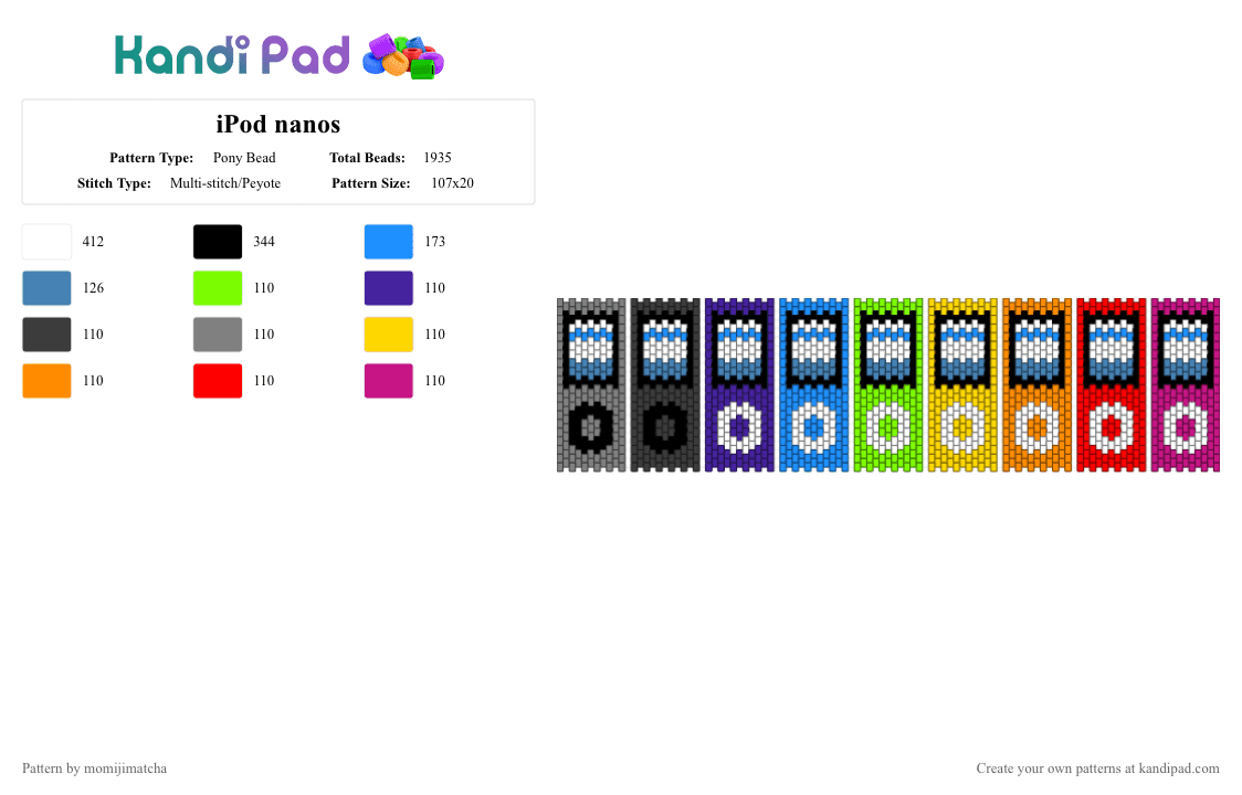 iPod nanos - Pony Bead Pattern by momijimatcha on Kandi Pad - light blue,purple,yellow,red,colorful,iphone,tech,y2k