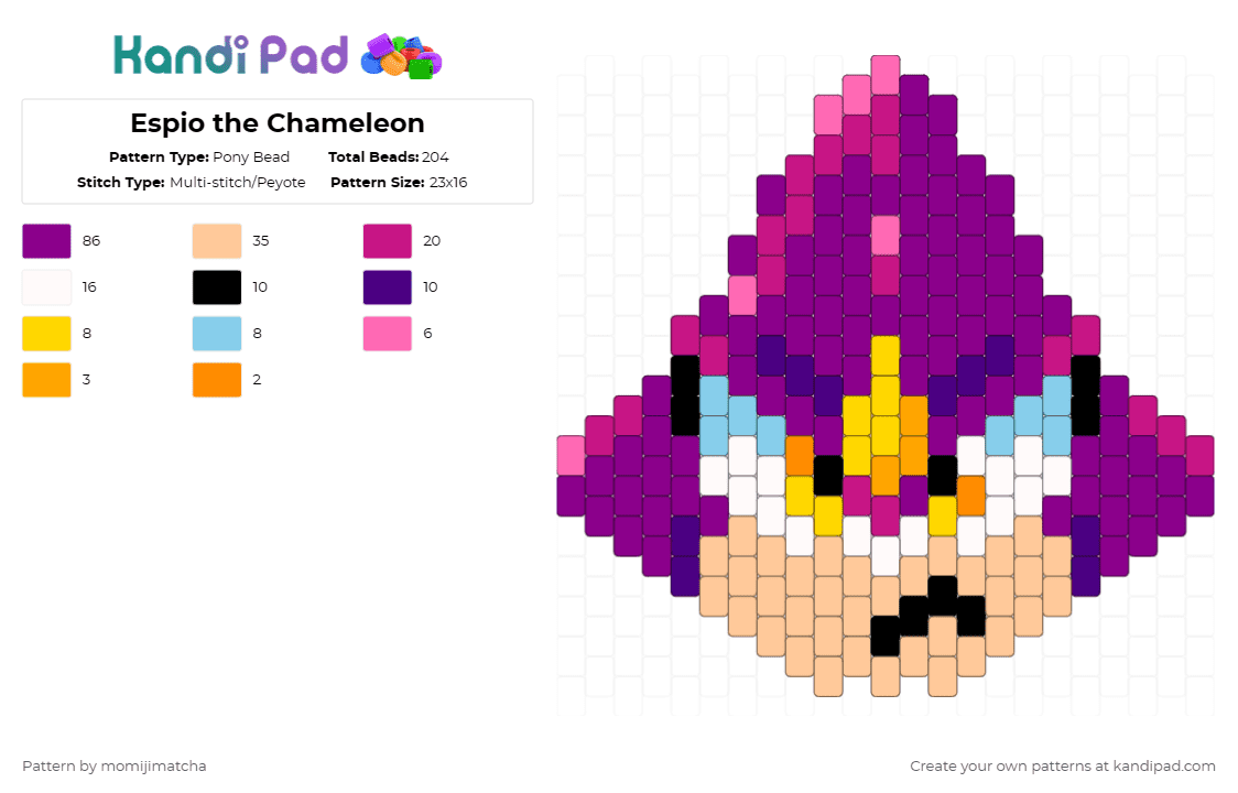 Espio the Chameleon - Pony Bead Pattern by momijimatcha on Kandi Pad - espio the chameleon,chameleon,sega,video game,gaming,pink,beige,sonic the hedgehog