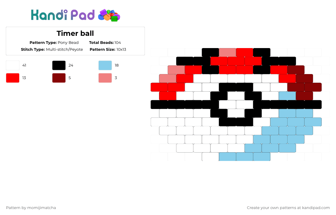 Timer ball - Pony Bead Pattern by momijimatcha on Kandi Pad - white,red,light blue,pokemon,pokeball