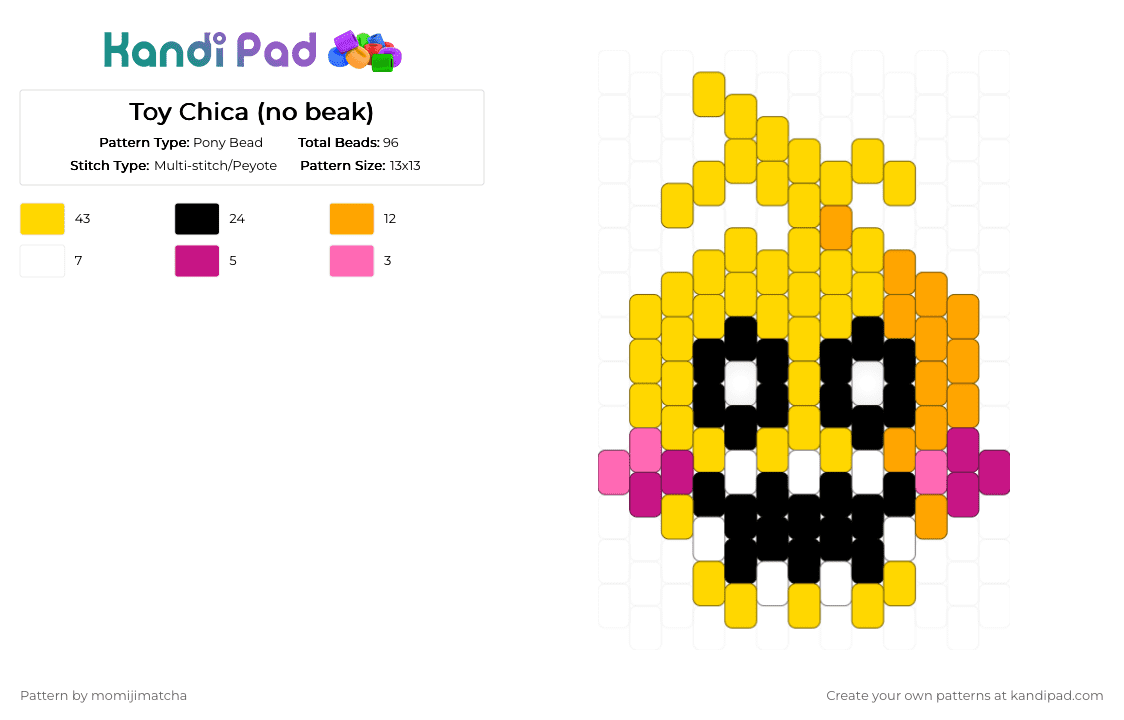 Toy Chica (no beak) - Pony Bead Pattern by momijimatcha on Kandi Pad - yellow,fnaf,character