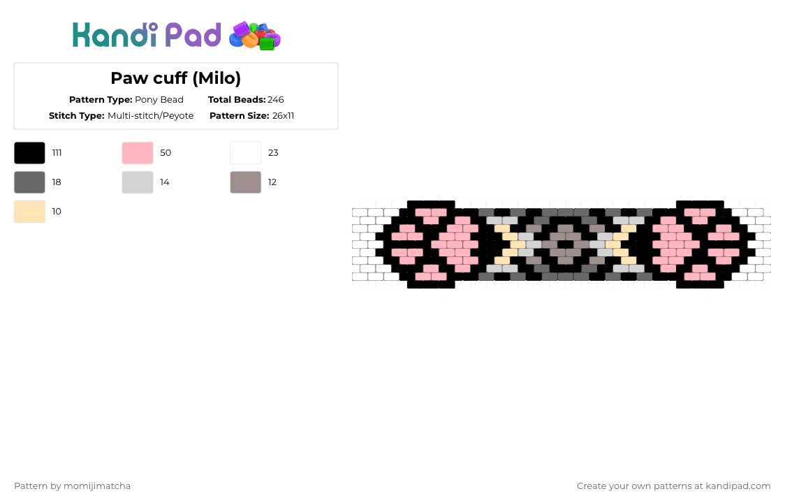 Paw cuff (Milo) - Pony Bead Pattern by momijimatcha on Kandi Pad - pink,gray,cat,animal