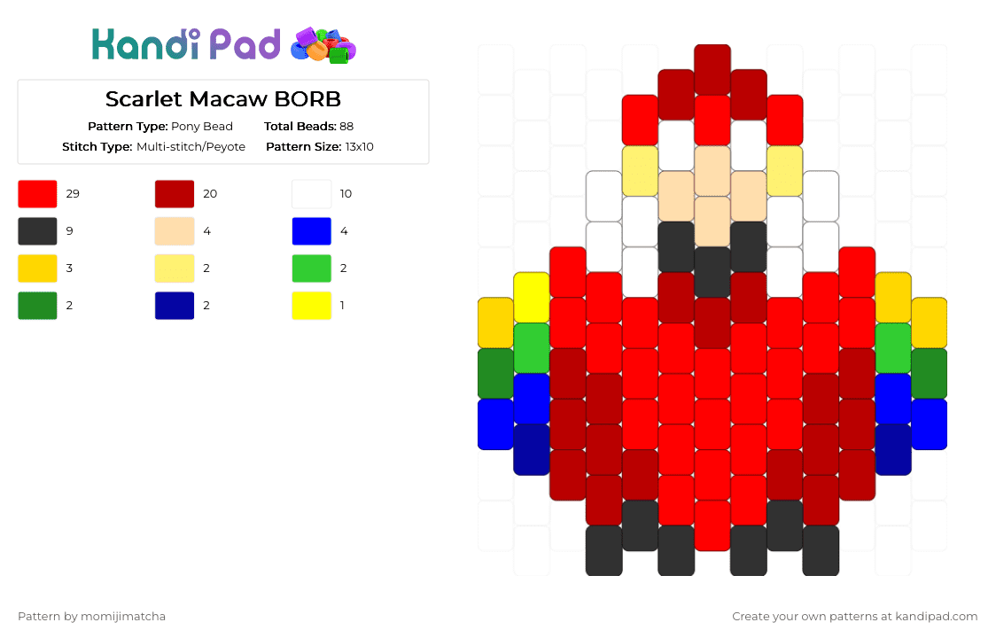 Scarlet Macaw BORB - Pony Bead Pattern by momijimatcha on Kandi Pad - red,bird,parrot