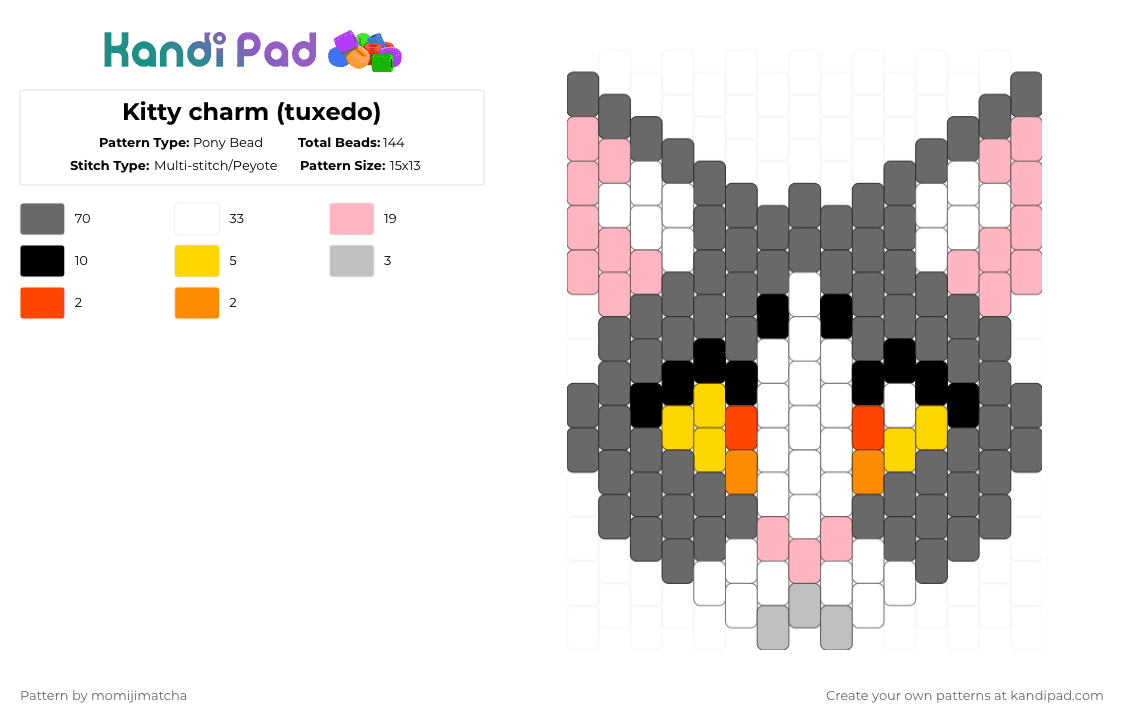 Kitty charm (tuxedo) - Pony Bead Pattern by momijimatcha on Kandi Pad - gray,pink,animal,cat