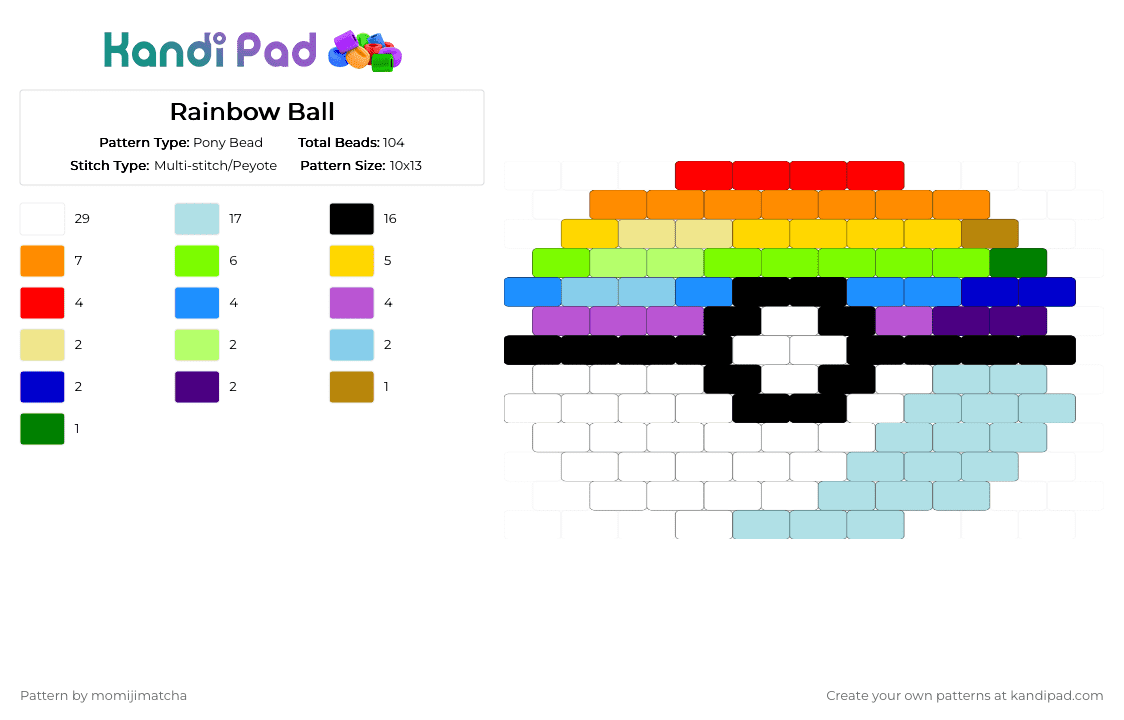 Rainbow Ball - Pony Bead Pattern by momijimatcha on Kandi Pad - orange,yellow,green,light blue,pokemon,pokeball,anime