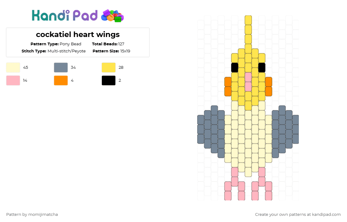 cockatiel heart wings - Pony Bead Pattern by momijimatcha on Kandi Pad - yellow,gray