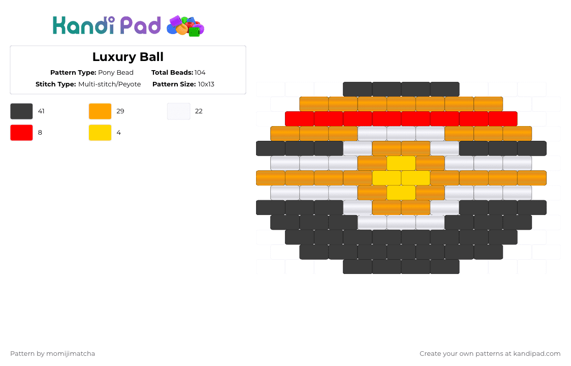 Luxury Ball - Pony Bead Pattern by momijimatcha on Kandi Pad - luxury ball,pokeball,pokemon,ball,game,shiny,luxury,gaming,video game,orange