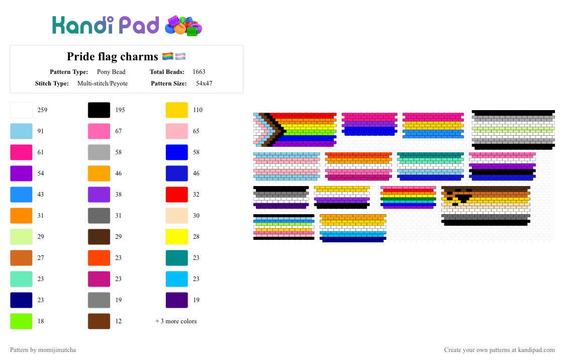 Pride flag charms 🏳️‍🌈🏳️‍⚧️ - Pony Bead Pattern by momijimatcha on Kandi Pad - pink,orange,yellow,colorful,gay,trans,lesbian,bisexual,lgbt