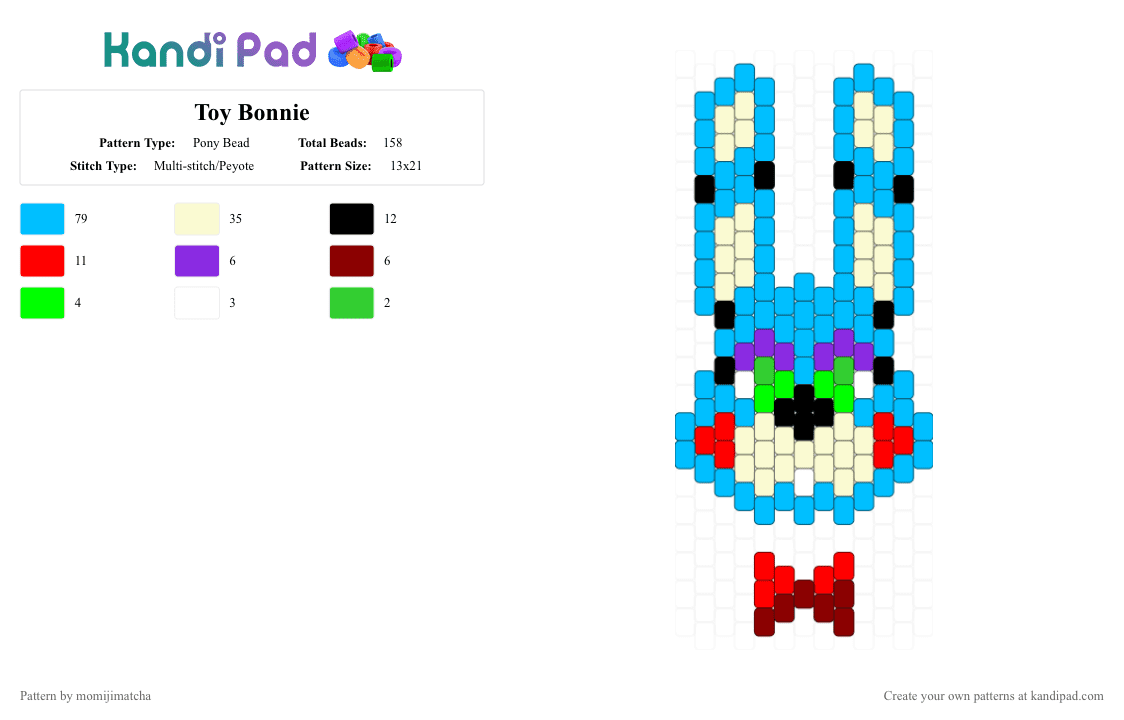 Toy Bonnie - Pony Bead Pattern by momijimatcha on Kandi Pad - light blue,fnaf,character,bunny,rabbit
