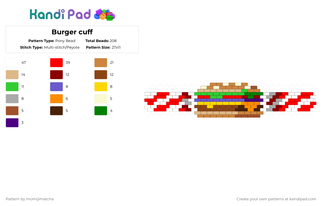 Burger cuff - Pony Bead Pattern by momijimatcha on Kandi Pad - beige,orange,red,food