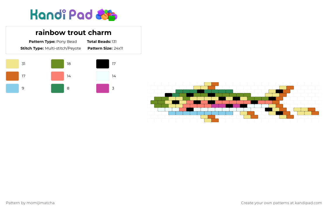 rainbow trout charm - Pony Bead Pattern by momijimatcha on Kandi Pad - yellow,green,orange