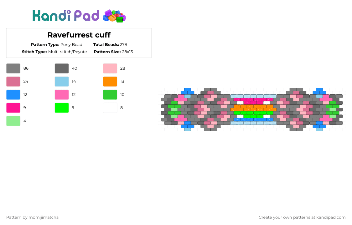 Ravefurrest cuff - Pony Bead Pattern by momijimatcha on Kandi Pad - gray,pink,cat,animal,rave,sparkle dog,sparkle cat,furry