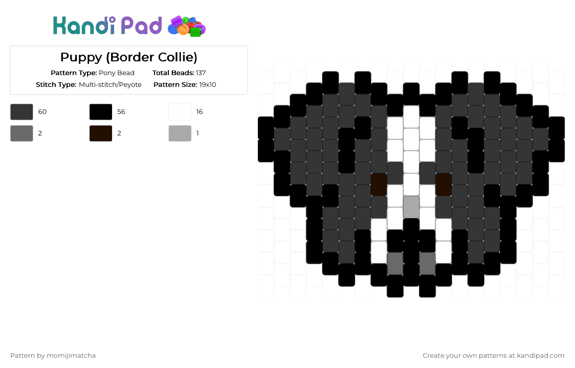 Puppy (Border Collie) - Pony Bead Pattern by momijimatcha on Kandi Pad - black,white,gray,brown,dog,animal