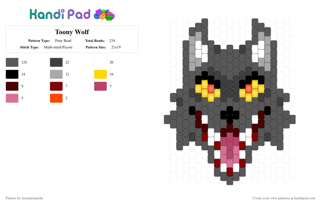 Toony Wolf - Pony Bead Pattern by momijimatcha on Kandi Pad - gray,animal,dog,wolf