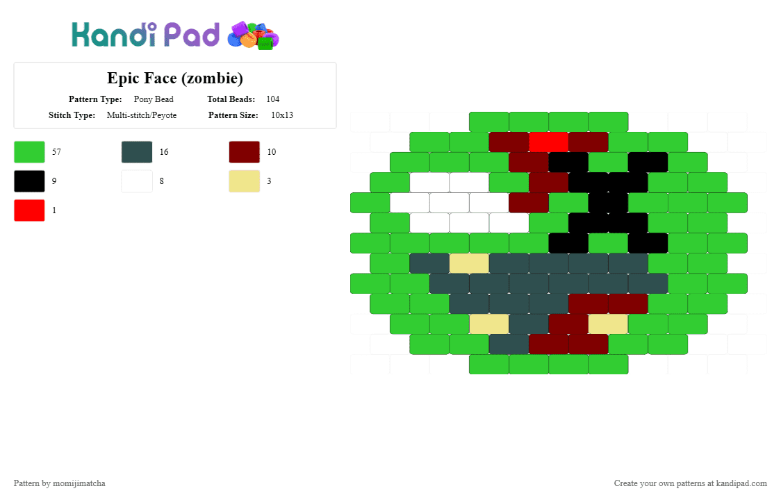 Epic Face (zombie) - Pony Bead Pattern by momijimatcha on Kandi Pad - green,meme,2000s,2010,rage comic,scene