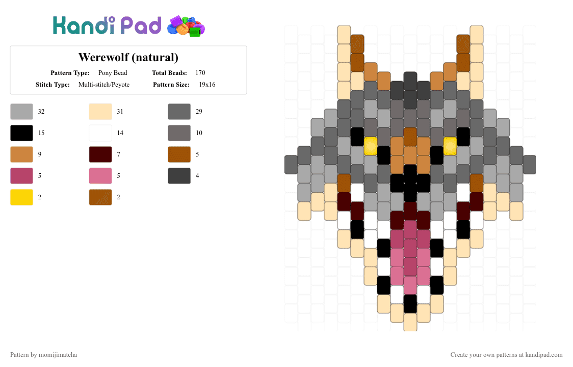 Werewolf (natural) - Pony Bead Pattern by momijimatcha on Kandi Pad - animal, beige, cryptid, dog, gray, wolf