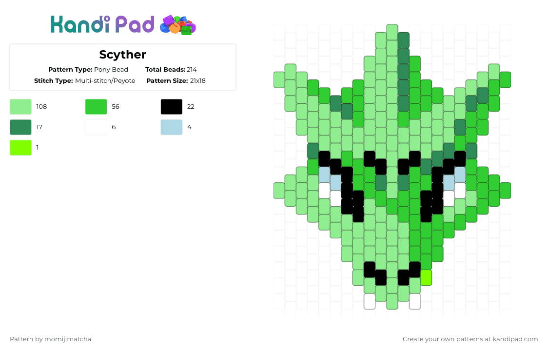 Scyther - Pony Bead Pattern by momijimatcha on Kandi Pad - green,teal,pokemon,anime,video game