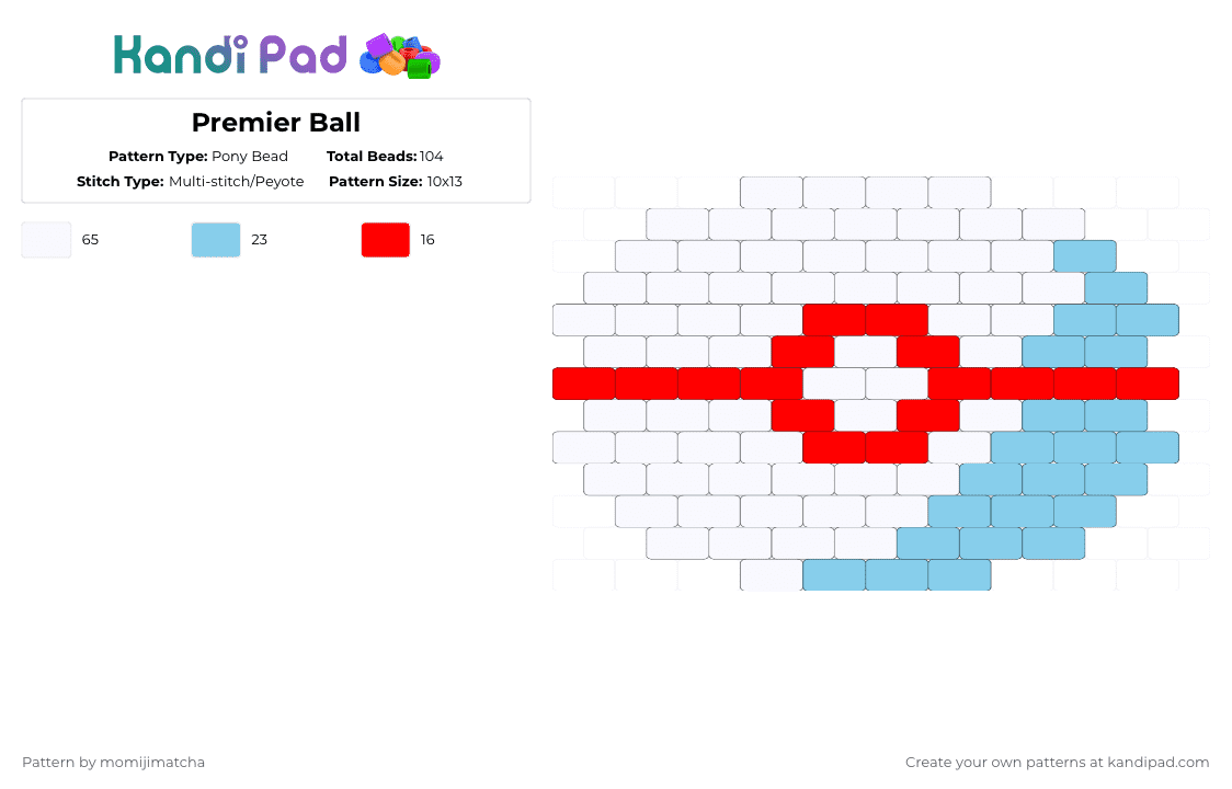 Premier Ball - Pony Bead Pattern by momijimatcha on Kandi Pad - permier ball,pokeball,pokemon,premier ball,game,gaming,video game,white,light blue,red