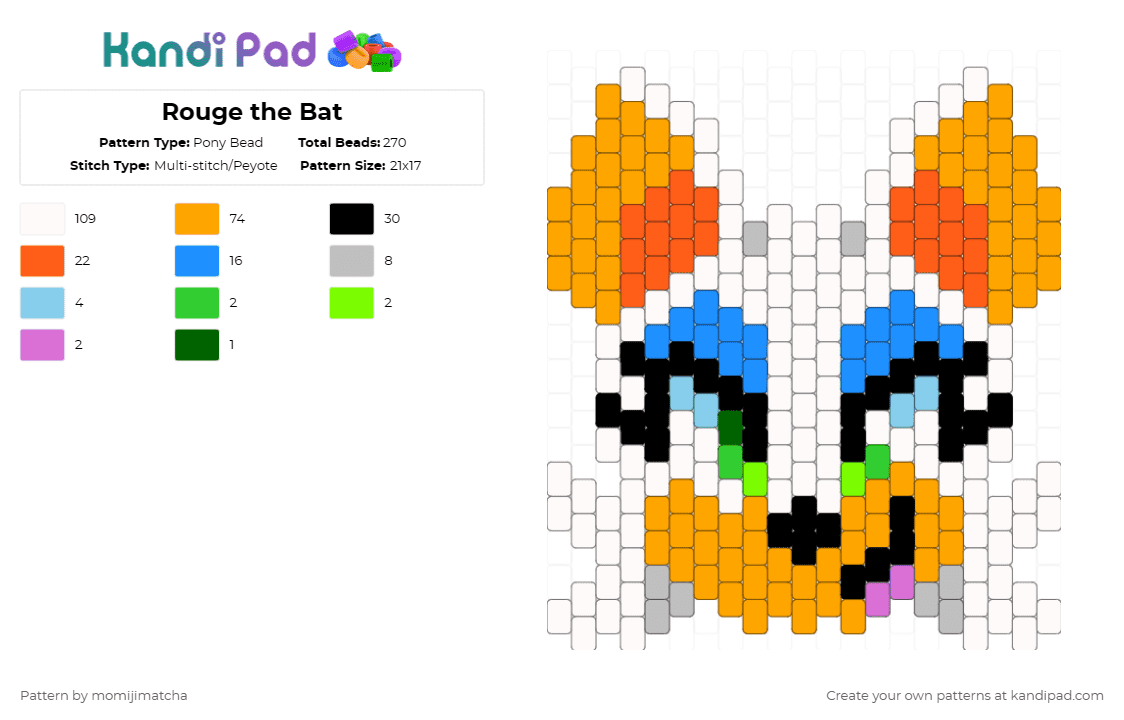Rouge the Bat - Pony Bead Pattern by momijimatcha on Kandi Pad - white,orange,sonic the hedgehog