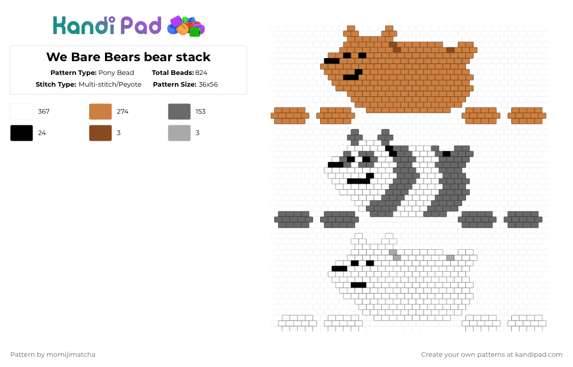 We Bare Bears bear stack - Pony Bead Pattern by momijimatcha on Kandi Pad - white,orange,gray,animal,cartoon,grizz,panda,ice bear,polar bear,grizzly bear,cartoon network