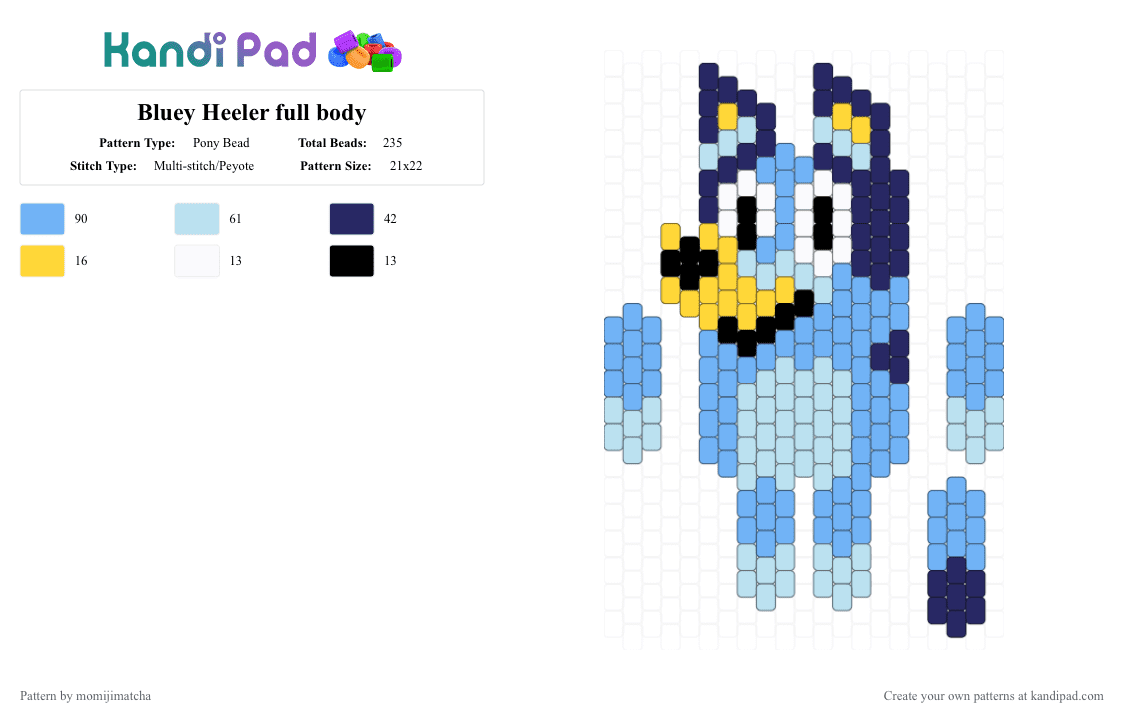 Bluey Heeler full body - Pony Bead Pattern by momijimatcha on Kandi Pad - light blue,cartoon,dog