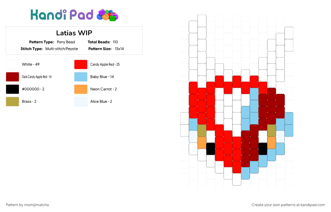 Latias WIP - Pony Bead Pattern by momijimatcha on Kandi Pad - anime, light blue, pokemon, red, white