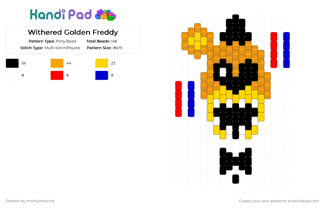 Withered Golden Freddy - Pony Bead Pattern by momijimatcha on Kandi Pad - yellow,orange,fnaf,character,freddy fazbear