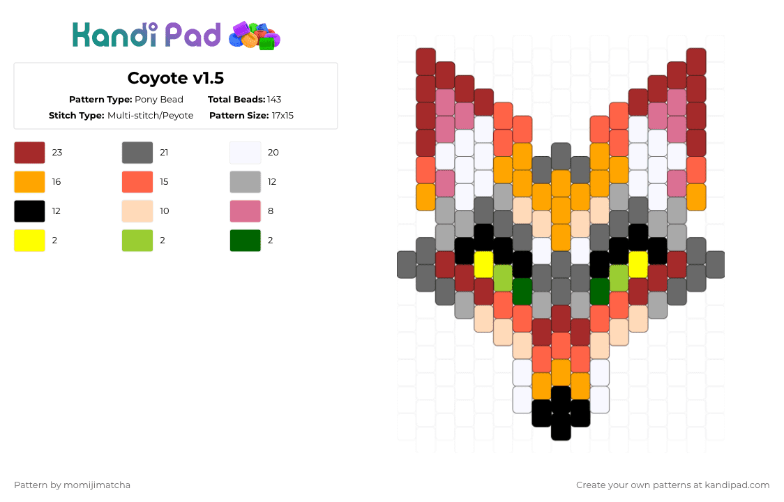 Coyote v1.5 - Pony Bead Pattern by momijimatcha on Kandi Pad - red,orange,gray,beige,animal,canine