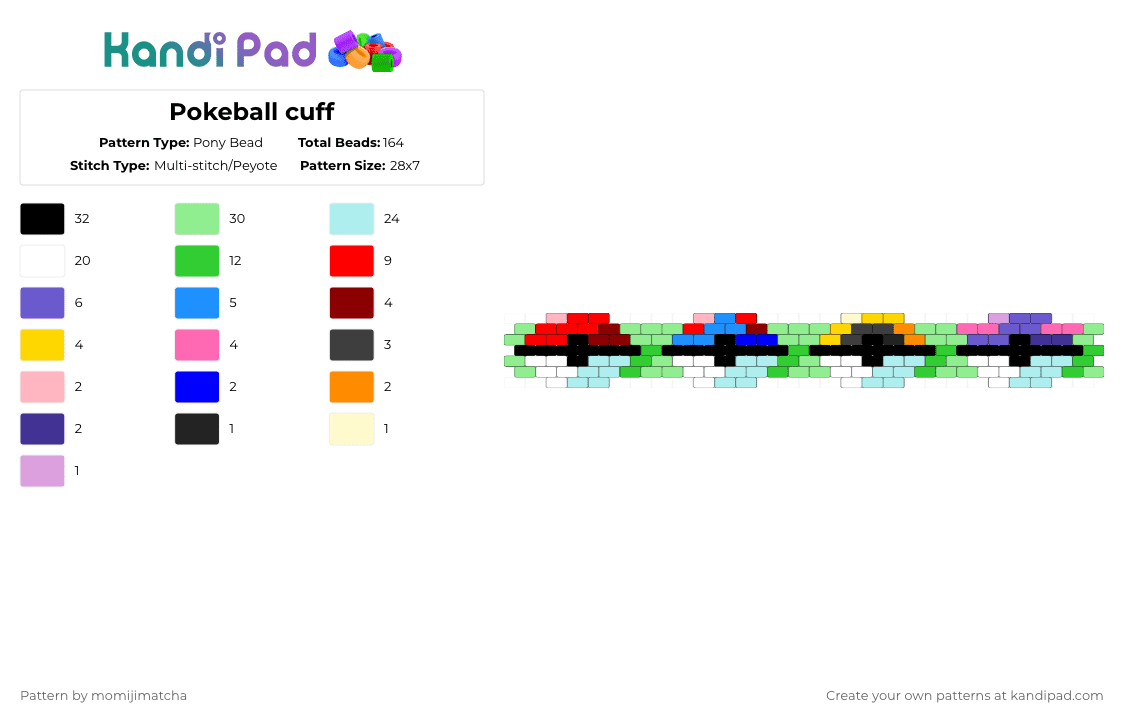 Pokeball cuff - Pony Bead Pattern by momijimatcha on Kandi Pad - red,light blue,green,teal,pokemon,video game,anime
