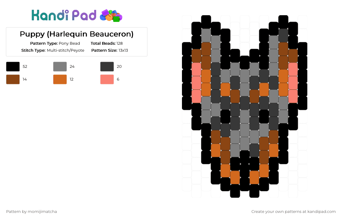 Puppy (Harlequin Beauceron) - Pony Bead Pattern by momijimatcha on Kandi Pad - black,gray,orange,dog,animal,pet