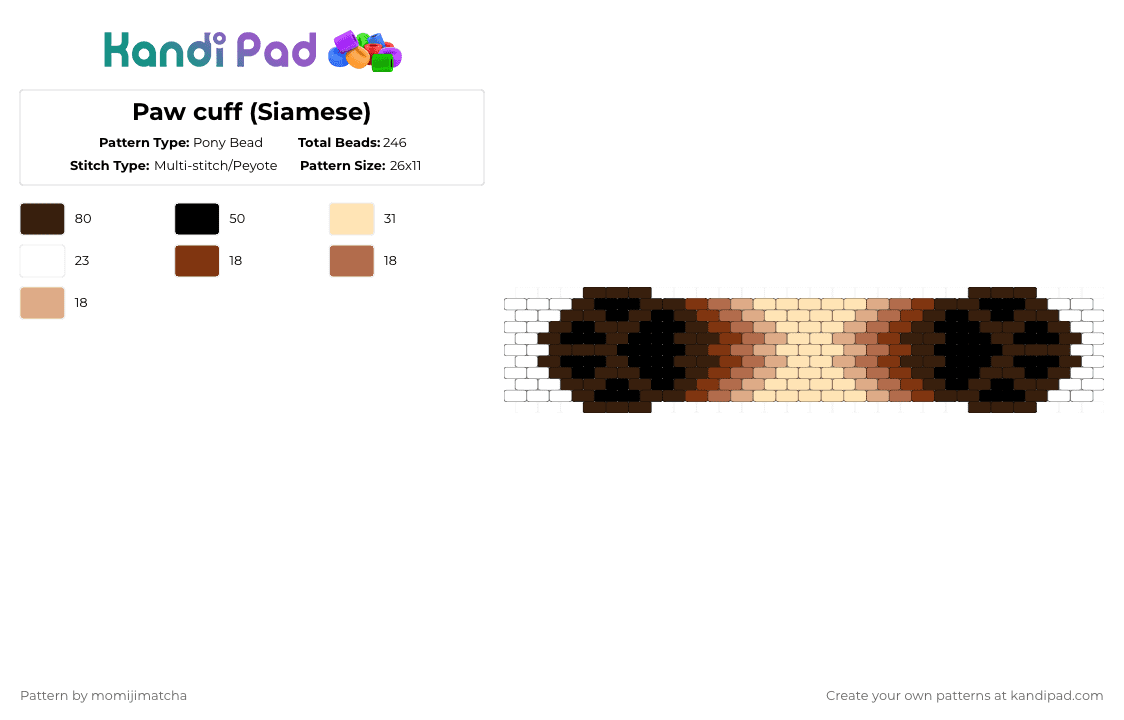 Paw cuff (Siamese) - Pony Bead Pattern by momijimatcha on Kandi Pad - brown,cat,animal