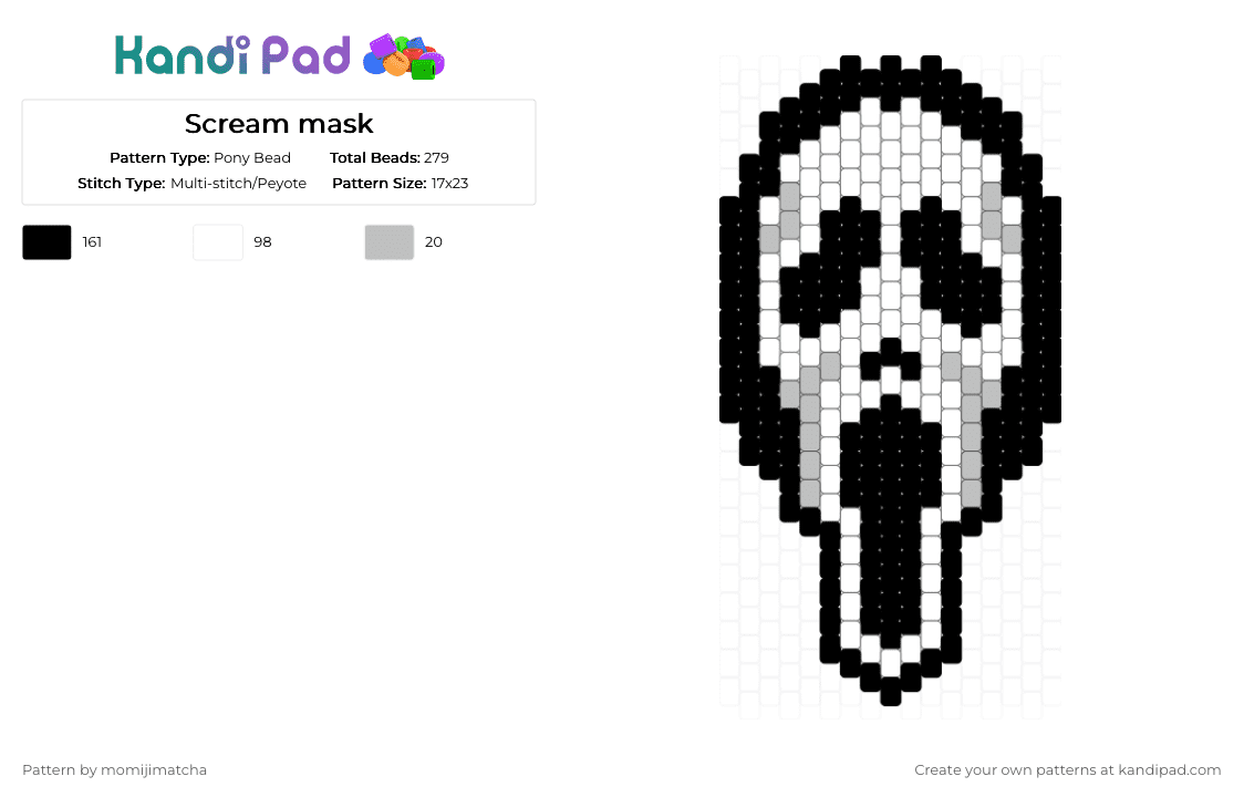 Scream mask - Pony Bead Pattern by momijimatcha on Kandi Pad - white,horror,scary