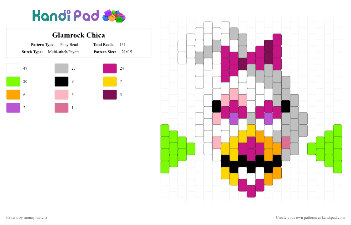 Glamrock Chica - Pony Bead Pattern by momijimatcha on Kandi Pad - pink,beige,green,fnaf,character