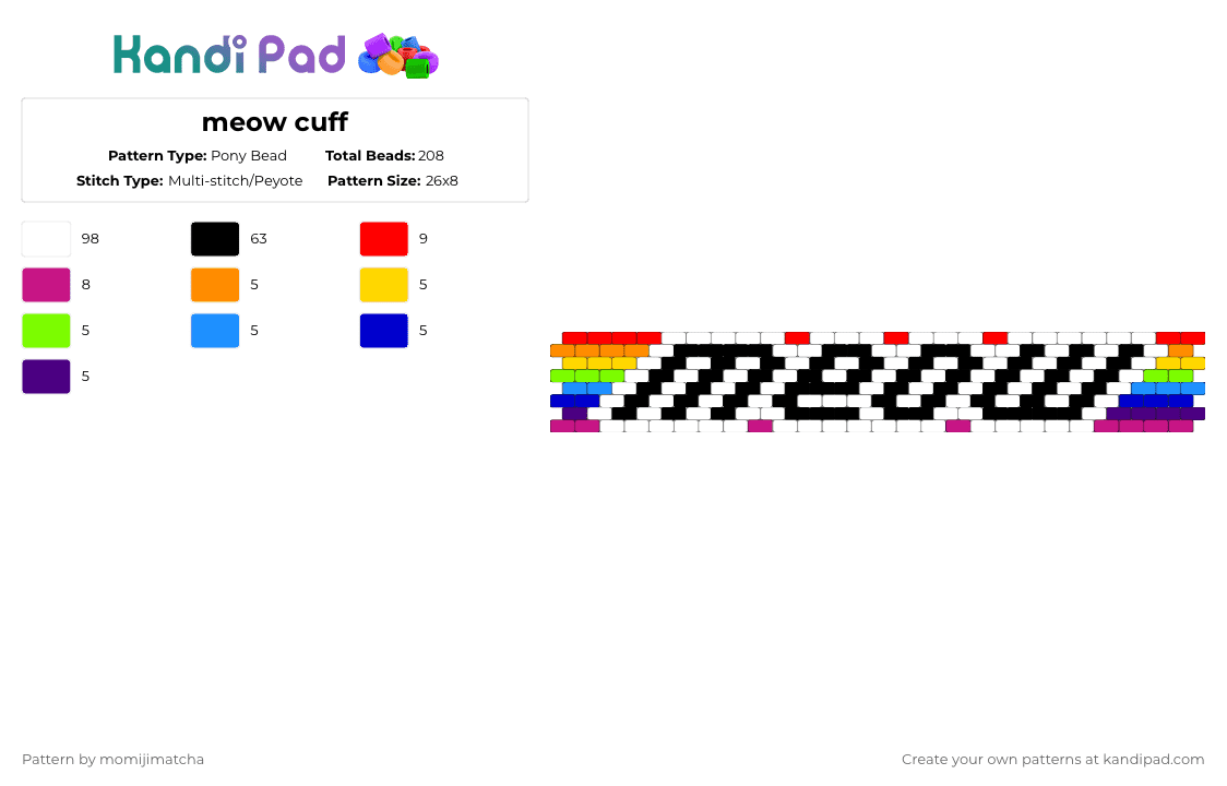 meow cuff - Pony Bead Pattern by momijimatcha on Kandi Pad - white,red,pink,purple,cat,animal,word