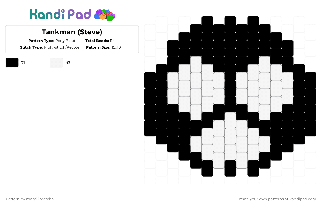 Tankman (Steve) - Pony Bead Pattern by momijimatcha on Kandi Pad - steve,tankman,newgrounds,head,helmet,character,charm,animation,cartoon,black,white