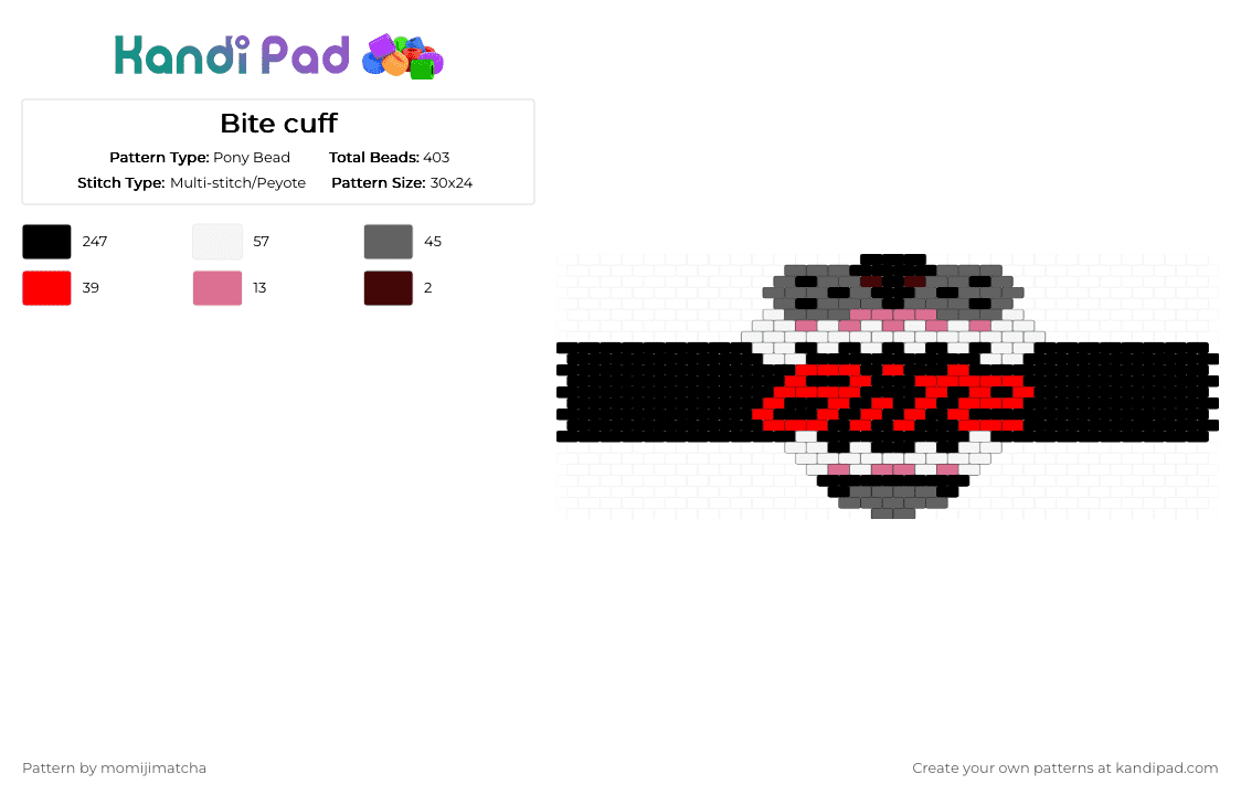 Bite cuff - Pony Bead Pattern by momijimatcha on Kandi Pad - black,red,gray,dog,wolf,teeth
