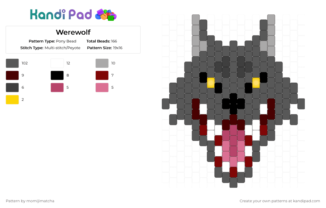 Werewolf - Pony Bead Pattern by momijimatcha on Kandi Pad - gray,animal,dog,wolf,cryptid
