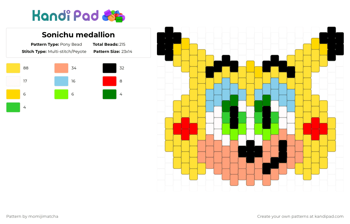 Sonichu medallion - Pony Bead Pattern by momijimatcha on Kandi Pad - sonic,pikachu,mashup,sonichu,medallion,pokemon,video game,anime,cartoon,gaming,yellow,orange,meme