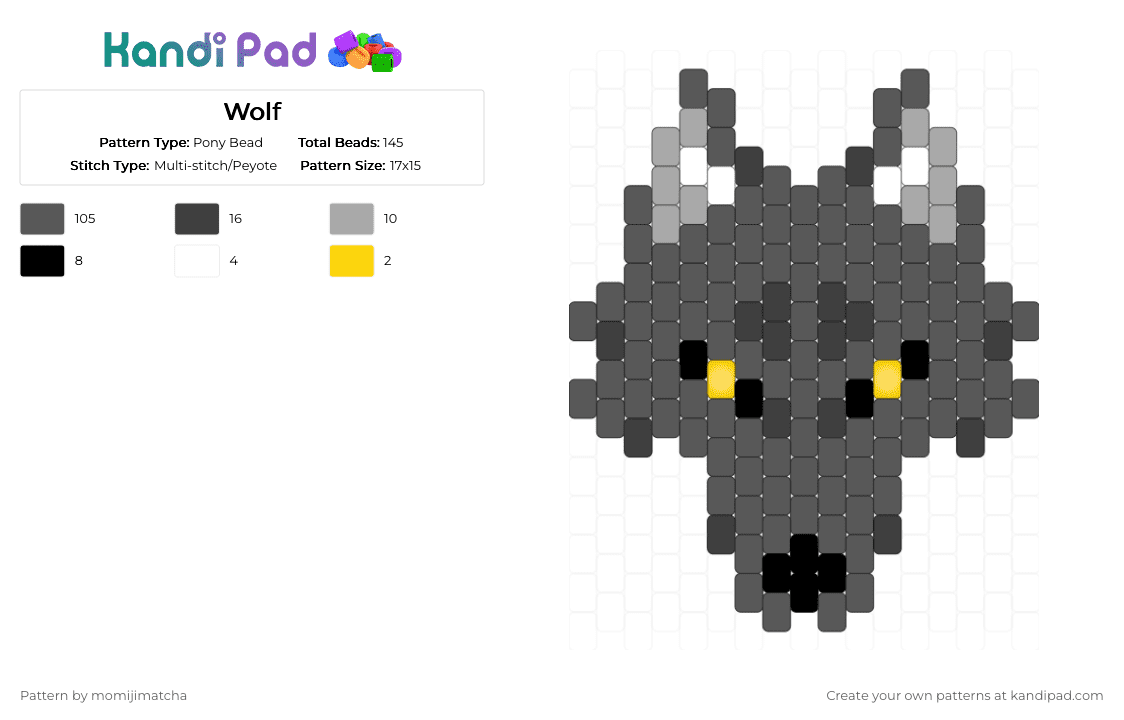 Wolf - Pony Bead Pattern by momijimatcha on Kandi Pad - gray,animal,dog,wolf