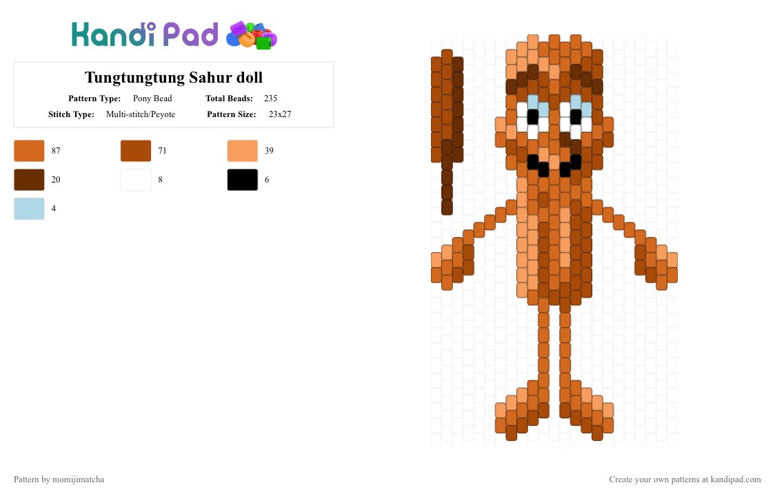 Tungtungtung Sahur doll - Pony Bead Pattern by momijimatcha on Kandi Pad - orange,red,brainrot,italian brainrot