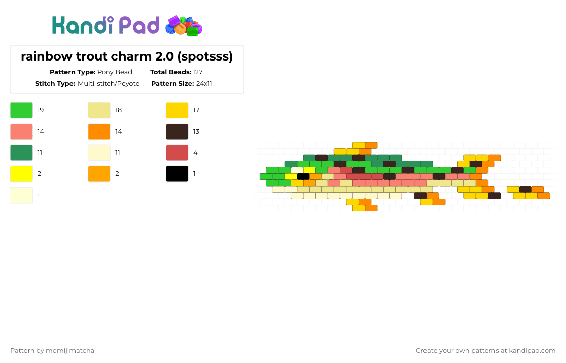 rainbow trout charm 2.0 (spotsss) - Pony Bead Pattern by momijimatcha on Kandi Pad - yellow,orange,green,fish