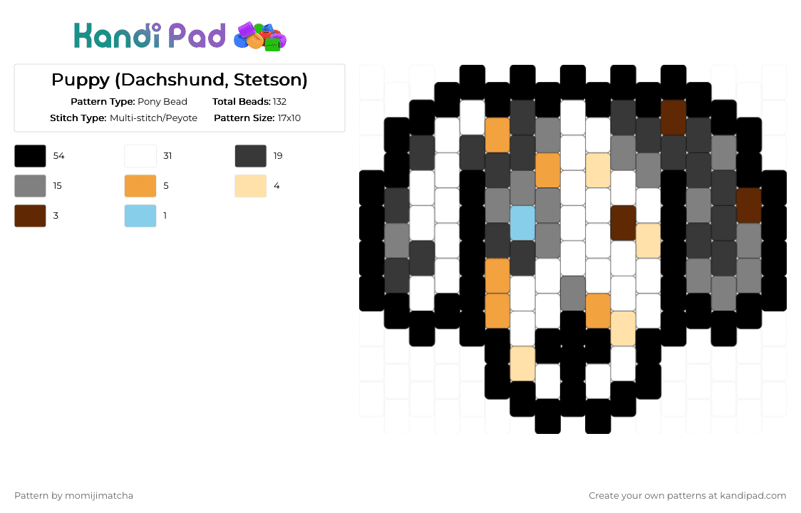 Puppy (Dachshund, Stetson) - Pony Bead Pattern by momijimatcha on Kandi Pad - black,white,gray,dog,animal,pet