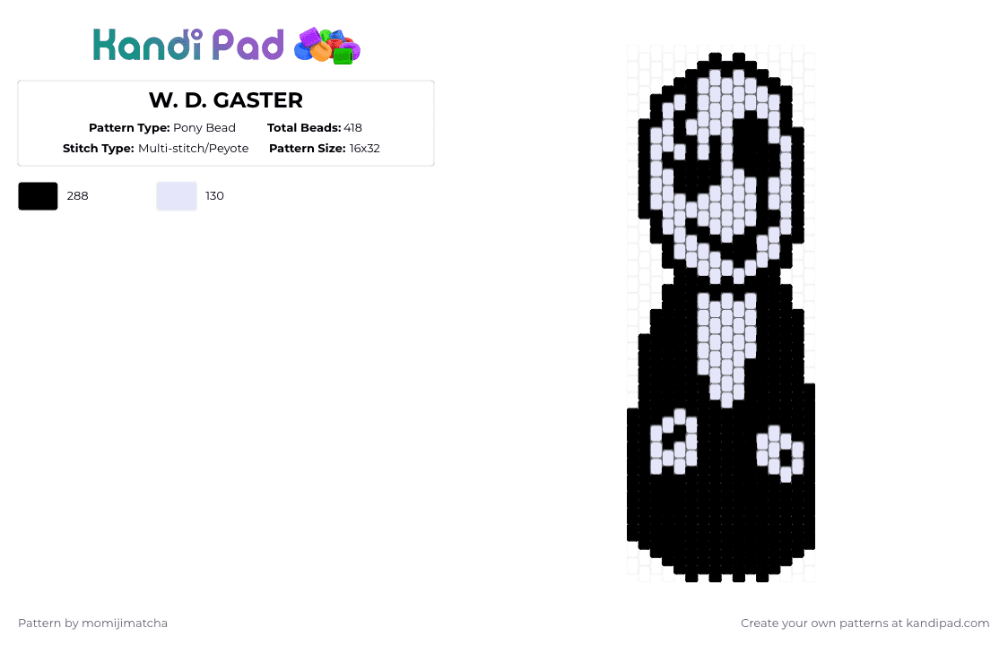 W. D. GASTER - Pony Bead Pattern by momijimatcha on Kandi Pad - black,white,undertale,gaster