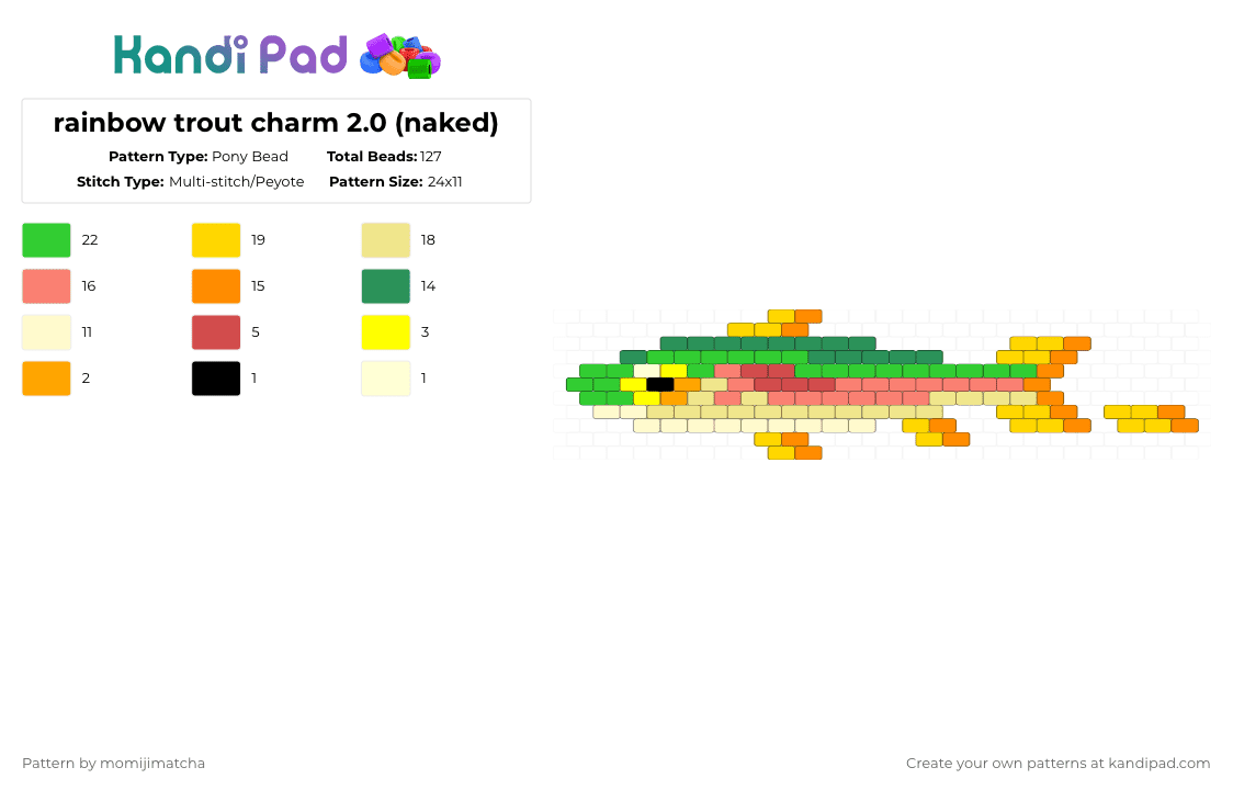 rainbow trout charm 2.0 (naked) - Pony Bead Pattern by momijimatcha on Kandi Pad - yellow,orange,green,fish