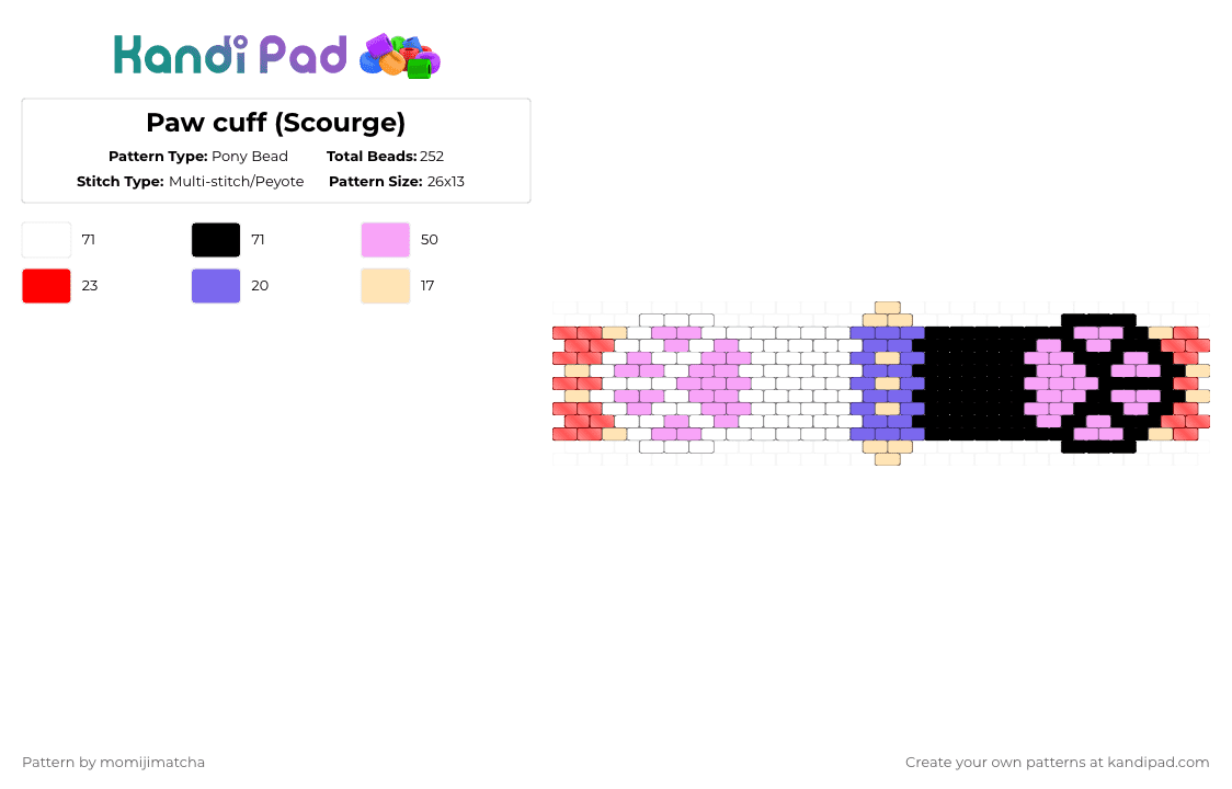 Paw cuff (Scourge) - Pony Bead Pattern by momijimatcha on Kandi Pad - pink,cat,animal,warriors